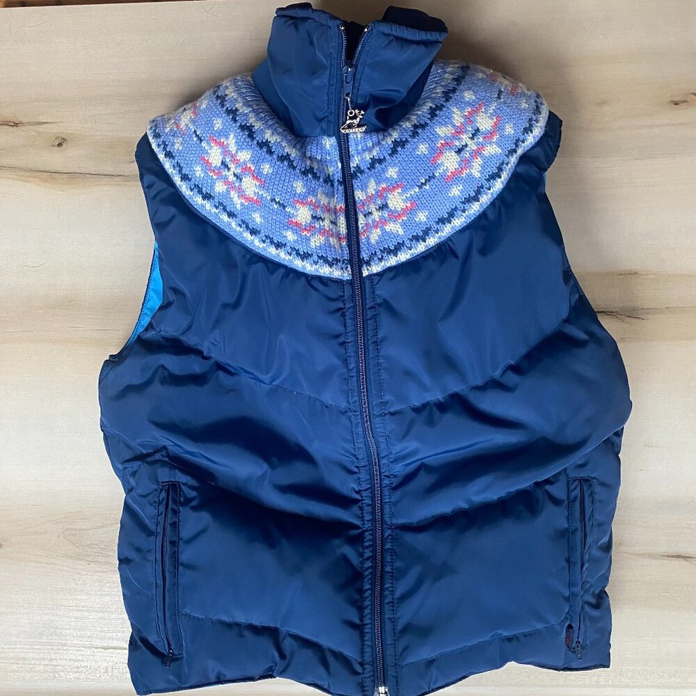 VTG 70s Antler Down Feather Puffer Ski Vest Blue Nordic Snowflake S Zip Up